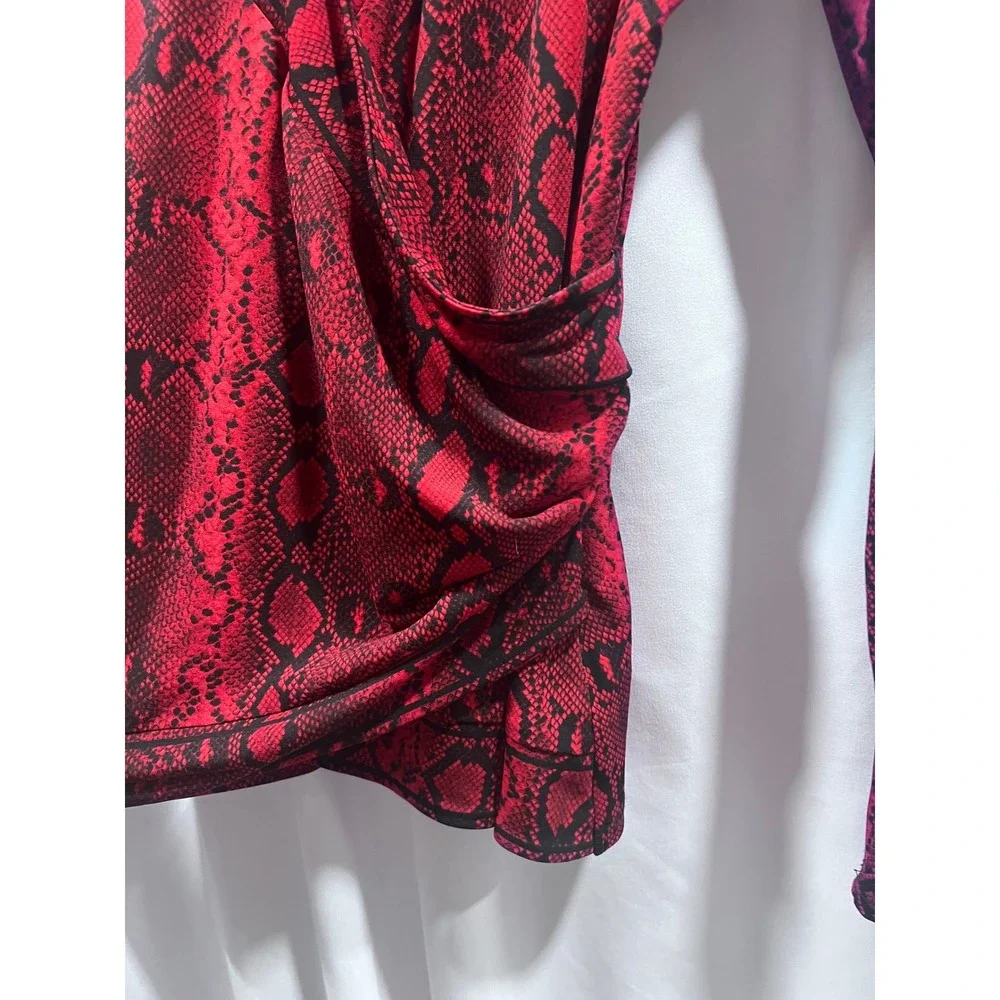Michael Kors Womens Red Snakeskin Print Faux Wrap Long Sleeve Top Side Ruched M